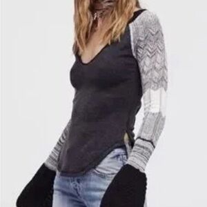 Free People We the Free Sunshine Bell Sleeve Thermal XS Black White Top Boho